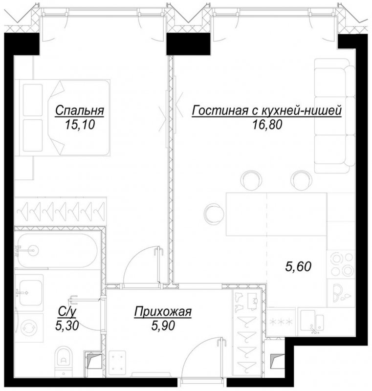 1-комнатная квартира с частичной отделкой, 48.7 м2, 38 этаж, сдача 1 квартал 2023 г., ЖК Hide, корпус ParkLane - объявление 1756851 - фото №1