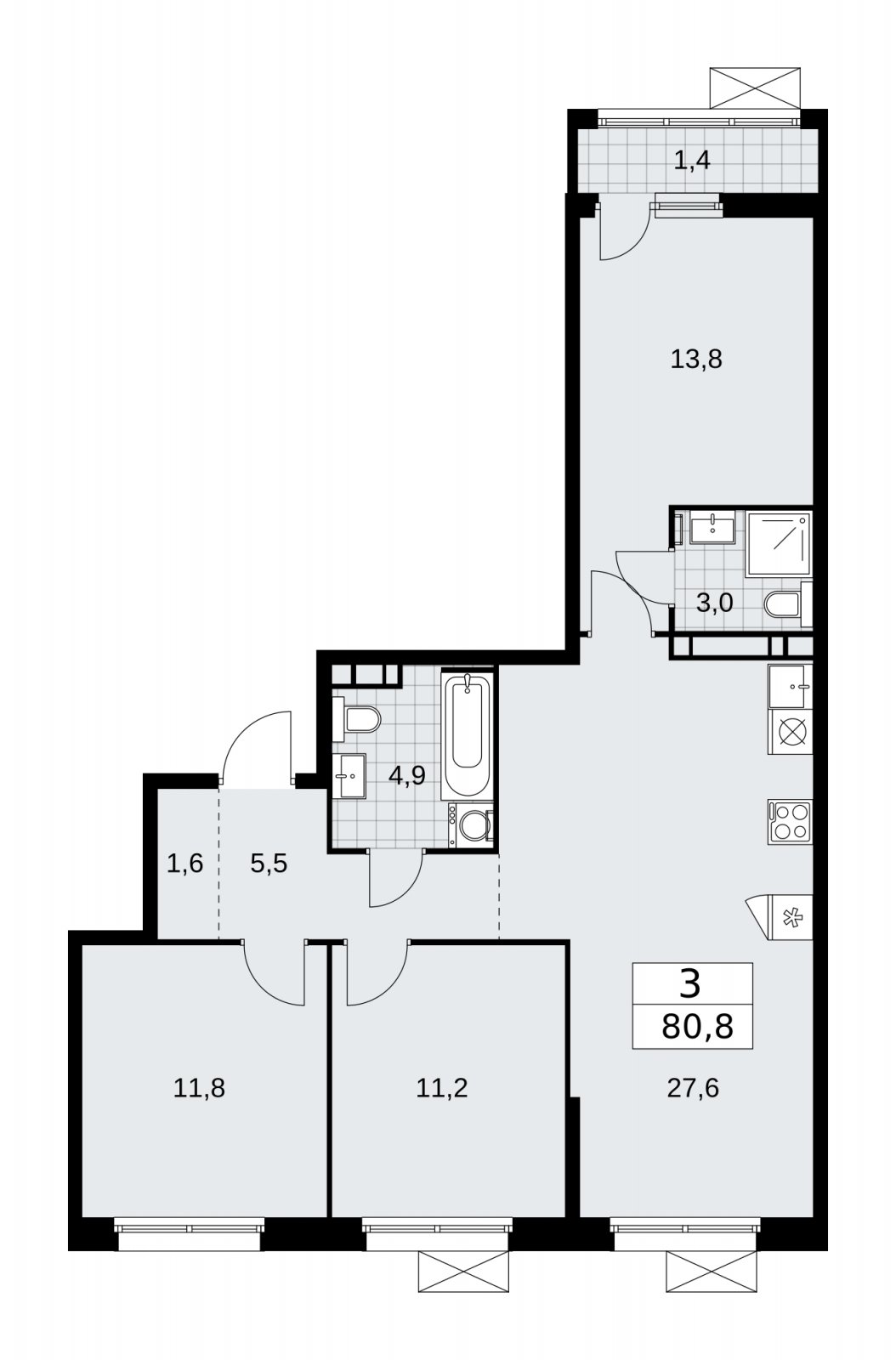 3-комнатная квартира без отделки, 80.8 м2, 10 этаж, сдача 2 квартал 2026 г., ЖК Скандинавия, корпус 25.5 - объявление 2283665 - фото №1