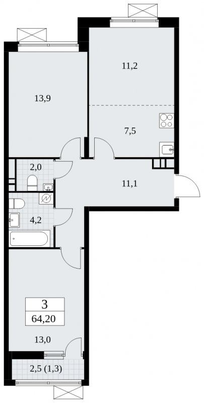 3-комнатная квартира (евро) без отделки, 64.2 м2, 3 этаж, сдача 1 квартал 2025 г., ЖК Прокшино, корпус 5.2.3 - объявление 1751382 - фото №1