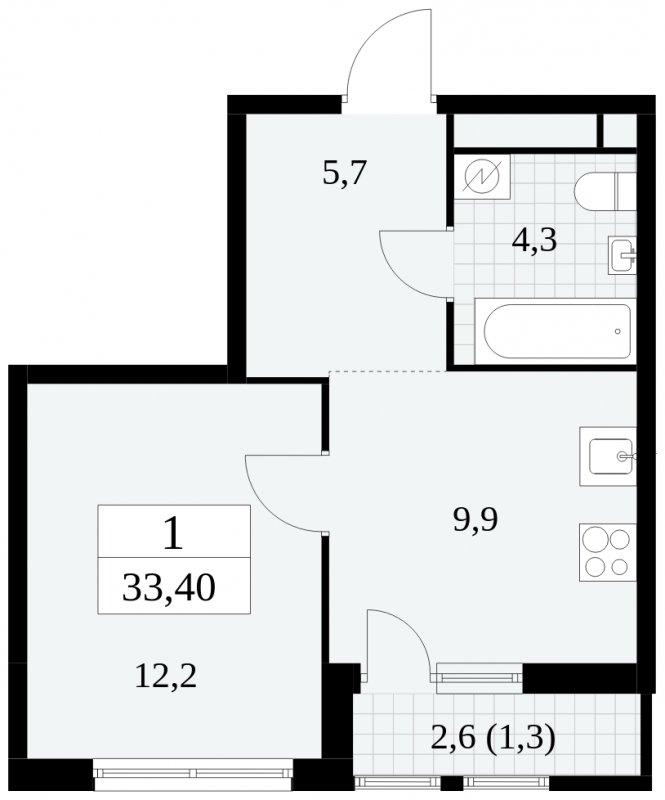 1-комнатная квартира с частичной отделкой, 33.4 м2, 11 этаж, сдача 2 квартал 2025 г., ЖК Южные сады, корпус 2.1 - объявление 1760142 - фото №1