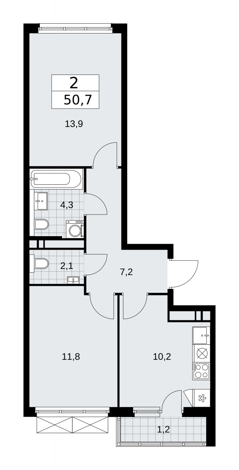2-комнатная квартира с частичной отделкой, 50.7 м2, 14 этаж, сдача 2 квартал 2026 г., ЖК Прокшино, корпус 11.2.3 - объявление 2270625 - фото №1
