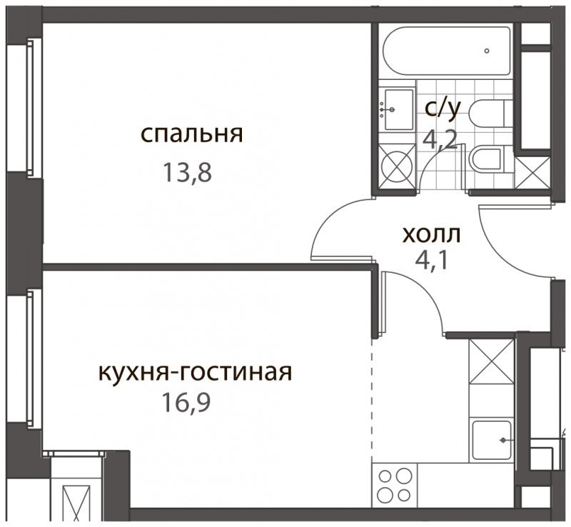 2-комнатная квартира без отделки, 39 м2, 4 этаж, дом сдан, ЖК HomeCity, корпус 2 - объявление 1861617 - фото №1