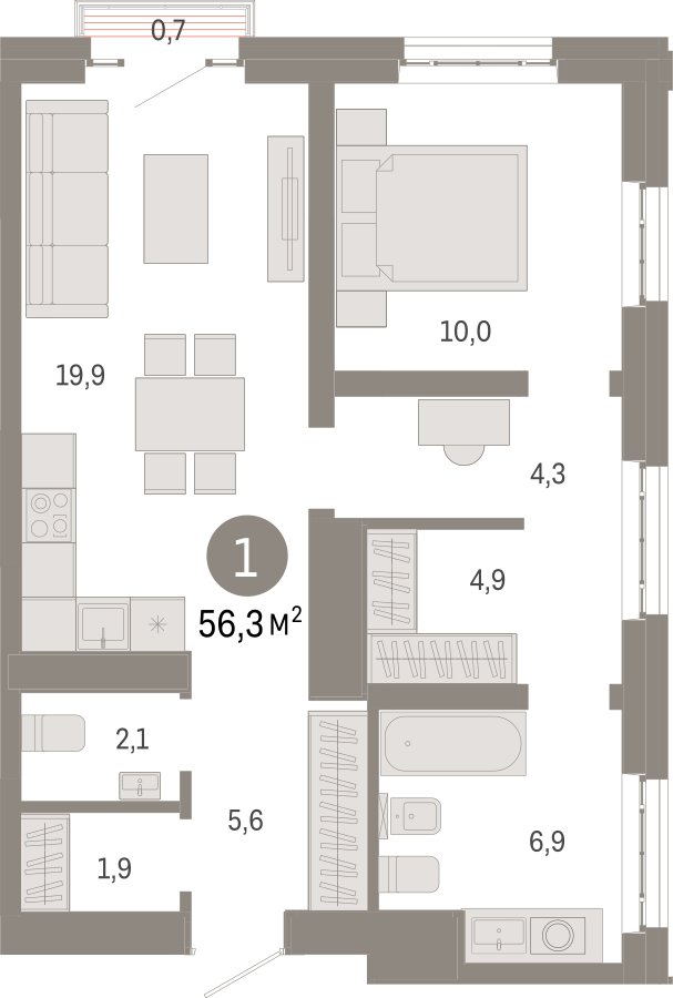 1-комнатная квартира с частичной отделкой, 56.3 м2, 28 этаж, сдача 3 квартал 2026 г., ЖК Квартал Метроном, корпус 1 - объявление 2358243 - фото №1