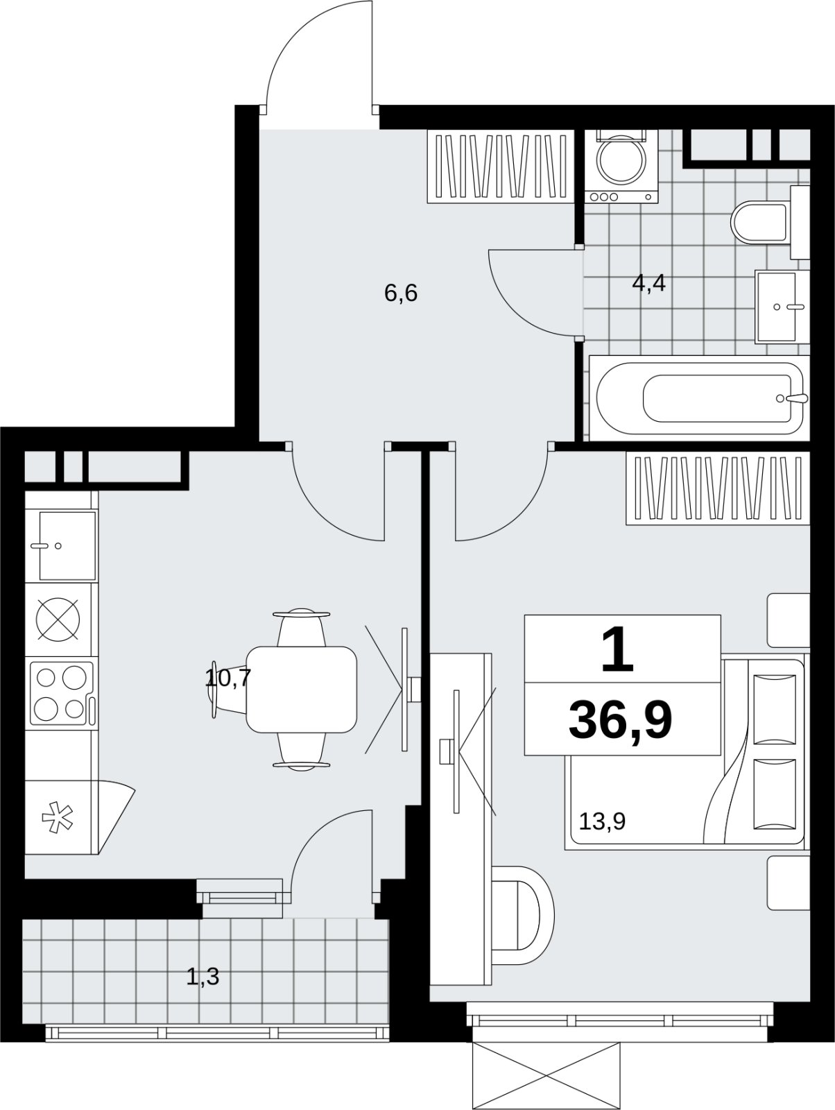 1-комнатная квартира без отделки, 36.9 м2, 10 этаж, сдача 4 квартал 2026 г., ЖК Скандинавия, корпус 2.18.2.5 - объявление 2351632 - фото №1