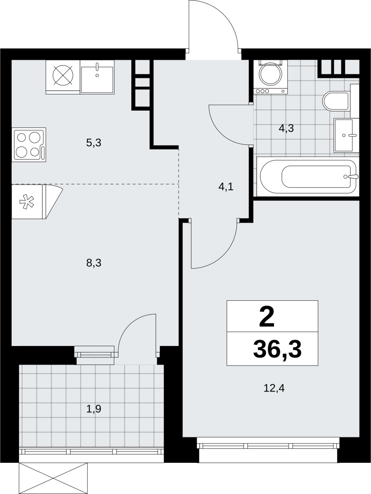 2-комнатная квартира (евро) без отделки, 36.3 м2, 4 этаж, сдача 4 квартал 2026 г., ЖК Скандинавия, корпус 2.18.1.3 - объявление 2350768 - фото №1