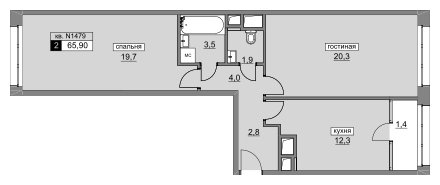 2-комнатная квартира без отделки, 65.2 м2, 4 этаж, дом сдан, ЖК Румянцево-Парк, корпус 3 - объявление 2008683 - фото №1