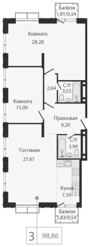3-комнатная квартира (евро) без отделки, 98.86 м2, 5 этаж, сдача 2 квартал 2023 г., ЖК Dream Towers, корпус 3 - объявление 1801057 - фото №1