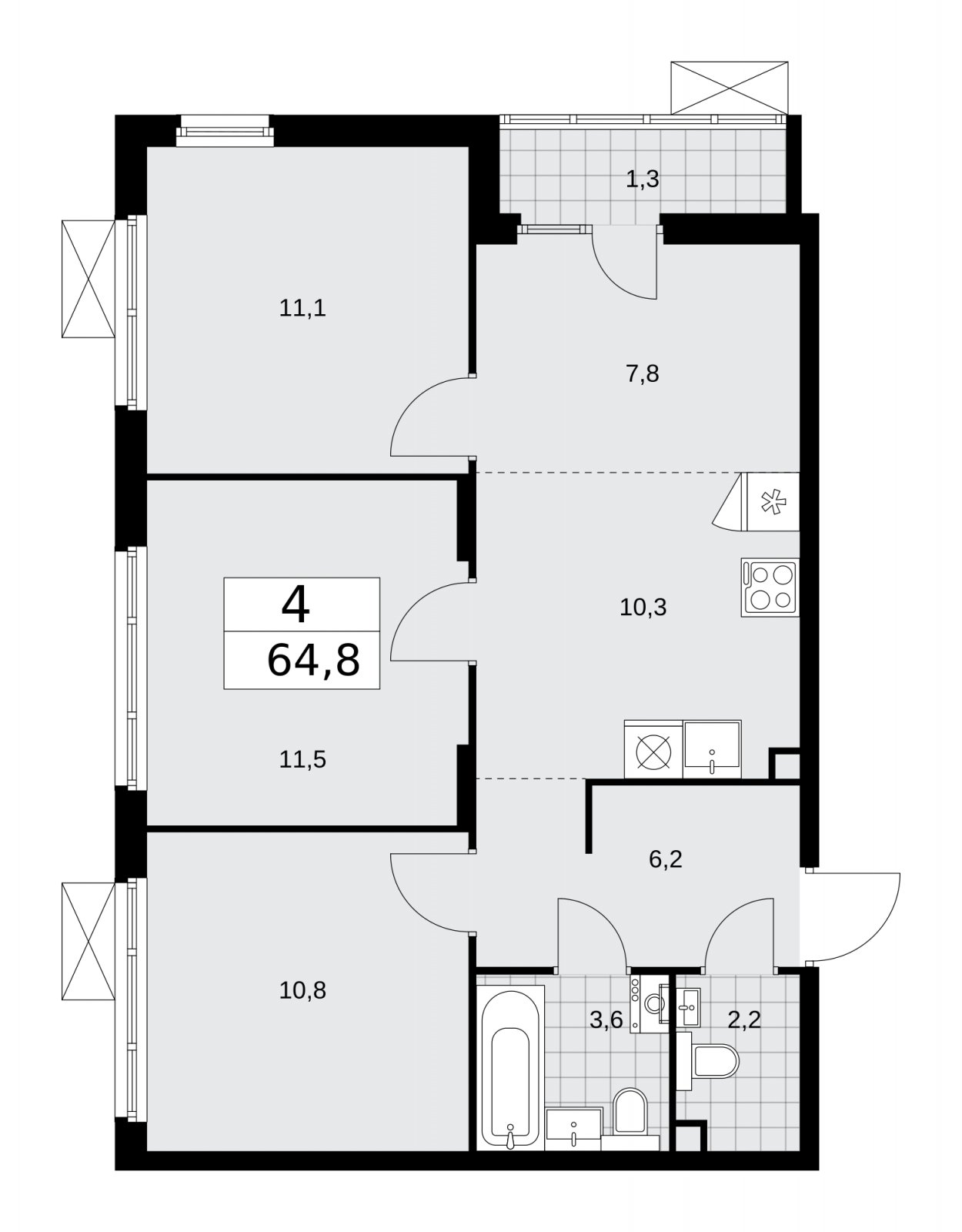4-комнатная квартира (евро) без отделки, 64.8 м2, 2 этаж, сдача 1 квартал 2026 г., ЖК Деснаречье, корпус 4.2 - объявление 2263715 - фото №1