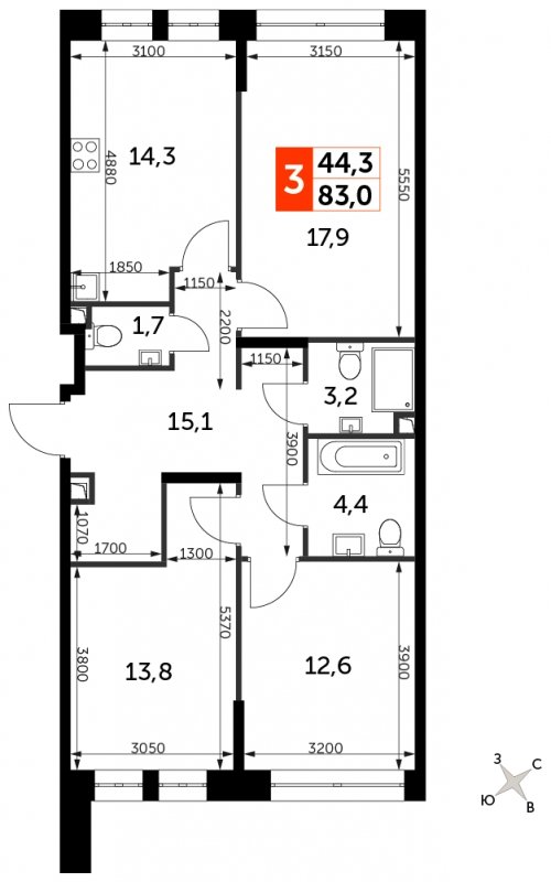 3-комнатная квартира с полной отделкой, 83 м2, 8 этаж, сдача 3 квартал 2024 г., ЖК Sydney City, корпус 2.1 - объявление 1762382 - фото №1