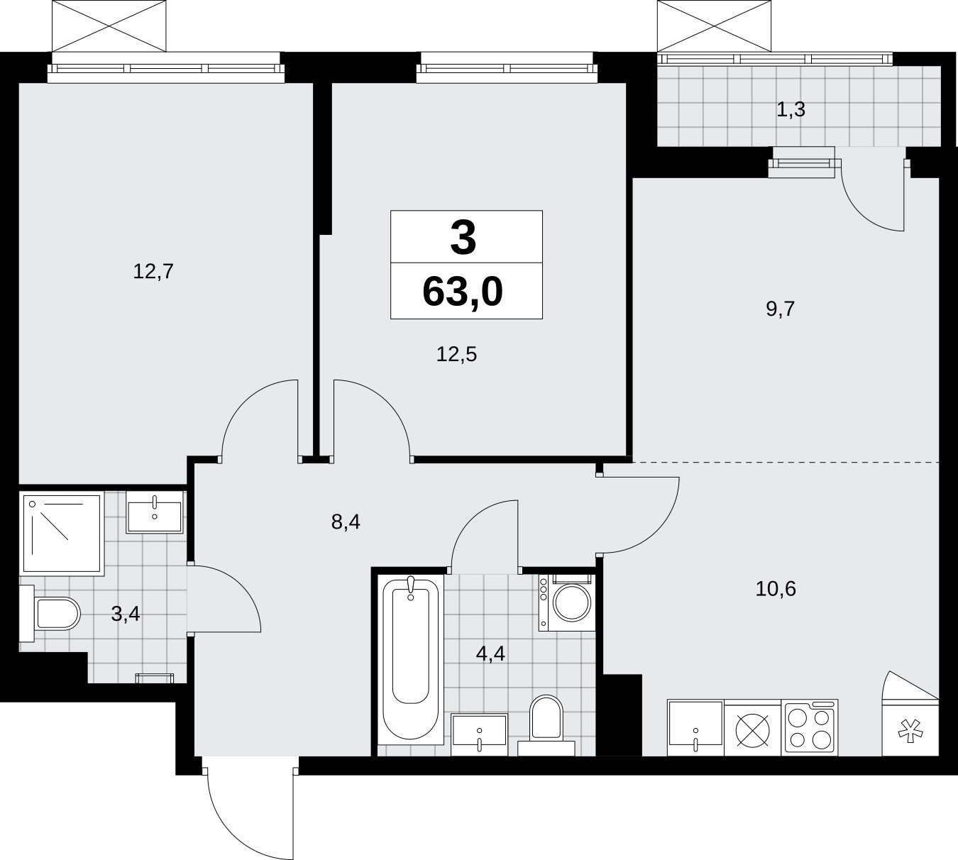 3-комнатная квартира (евро) без отделки, 63 м2, 5 этаж, сдача 1 квартал 2026 г., ЖК Дзен-кварталы, корпус 6.2.1 - объявление 2328534 - фото №1