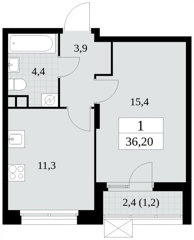 1-комнатная квартира без отделки, 36.2 м2, 3 этаж, сдача 1 квартал 2025 г., ЖК Скандинавия, корпус 2.27.3 - объявление 1840625 - фото №1