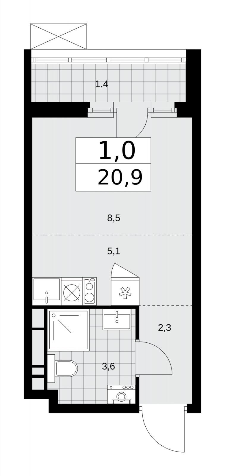 Студия с частичной отделкой, 20.9 м2, 11 этаж, сдача 2 квартал 2026 г., ЖК Прокшино, корпус 10.1.5 - объявление 2227634 - фото №1