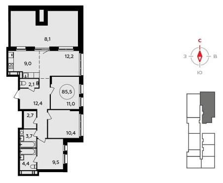 4-комнатная квартира (евро) с полной отделкой, 85.5 м2, 17 этаж, сдача 4 квартал 2023 г., ЖК Прокшино, корпус 4.2 - объявление 1650437 - фото №1