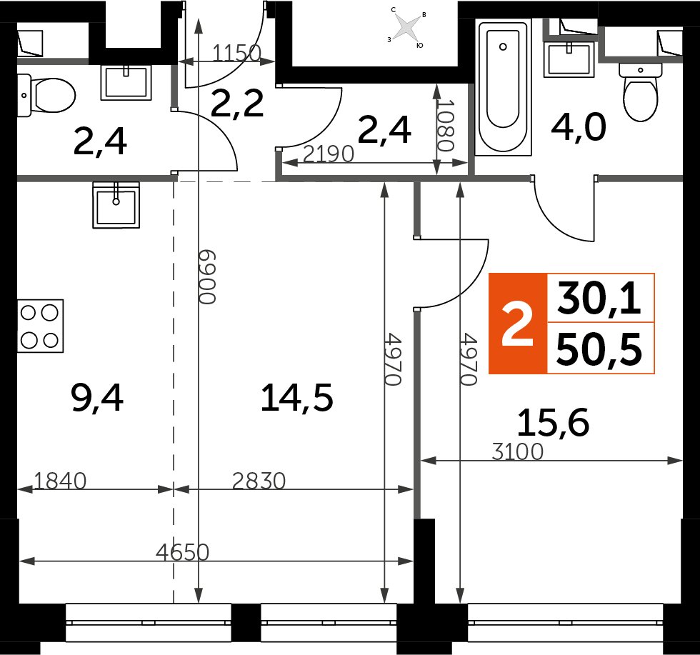 2-комнатная квартира с частичной отделкой, 50.5 м2, 19 этаж, дом сдан, ЖК Sydney City, корпус 1 - объявление 2350378 - фото №1
