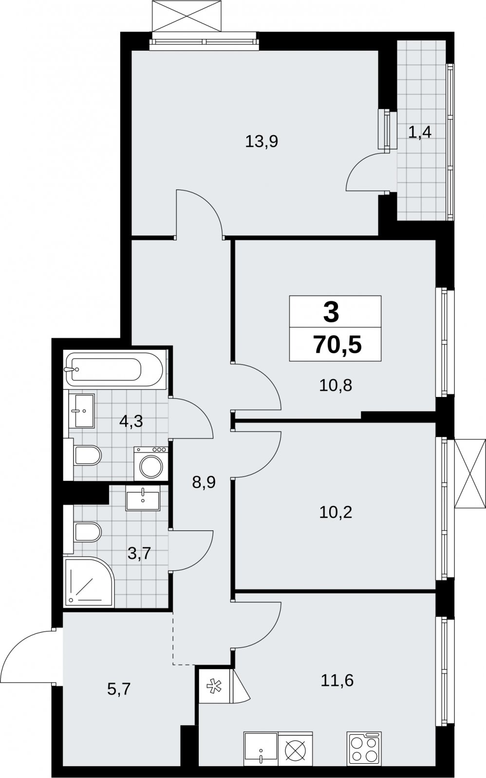 3-комнатная квартира без отделки, 70.5 м2, 6 этаж, сдача 2 квартал 2026 г., ЖК Бунинские кварталы, корпус 9.1 - объявление 2323922 - фото №1