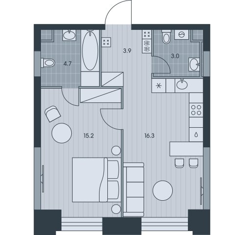 2-комнатная квартира (евро) без отделки, 43.1 м2, 32 этаж, сдача 3 квартал 2025 г., ЖК EVER, корпус 5 - объявление 2331797 - фото №1