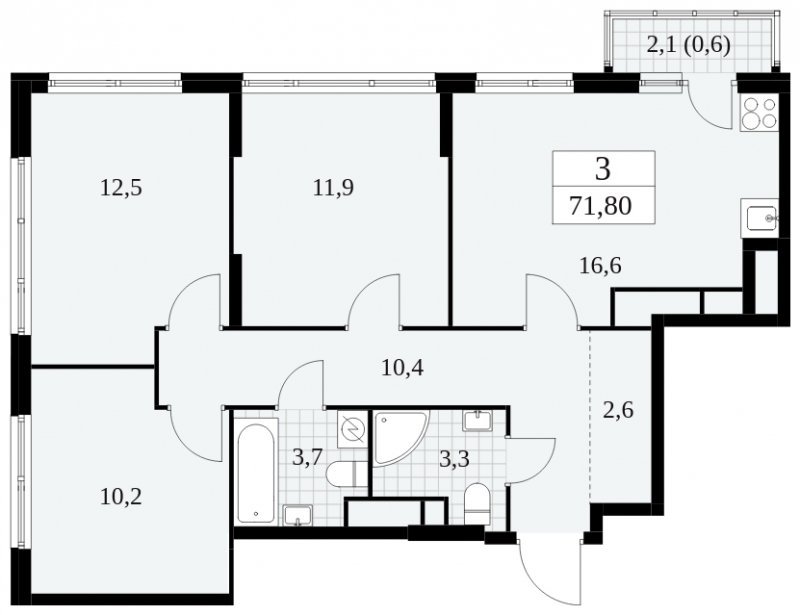 3-комнатная квартира без отделки, 71.8 м2, 26 этаж, сдача 2 квартал 2025 г., ЖК Южные сады, корпус 2.3 - объявление 1758407 - фото №1