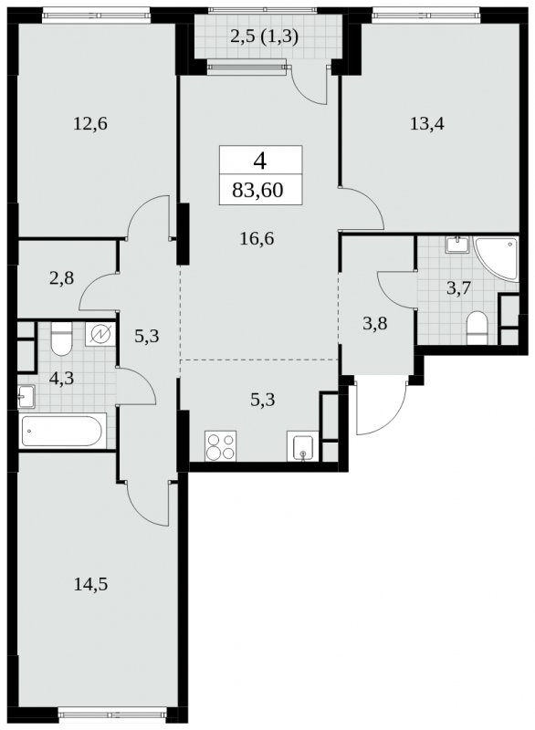 4-комнатная квартира (евро) без отделки, 83.6 м2, 13 этаж, сдача 2 квартал 2025 г., ЖК Южные сады, корпус 2.3 - объявление 1758199 - фото №1