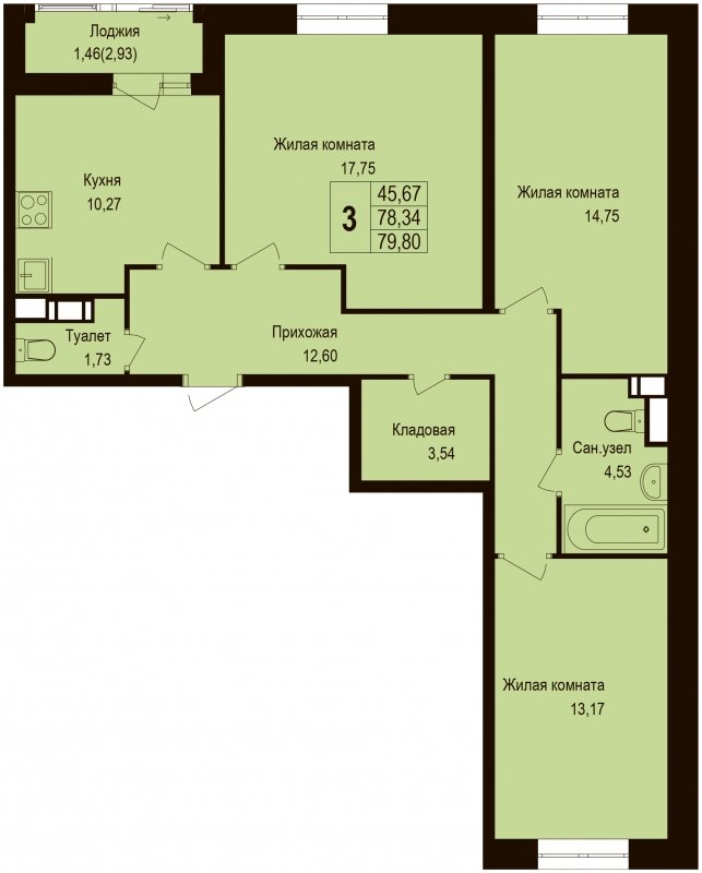 3-комнатная квартира с частичной отделкой, 79.8 м2, 2 этаж, дом сдан, ЖК Новая Щербинка, корпус 10 - объявление 1782567 - фото №1