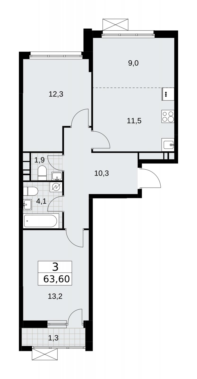3-комнатная квартира (евро) без отделки, 63.6 м2, 12 этаж, сдача 3 квартал 2025 г., ЖК Скандинавия, корпус 28.1 - объявление 2201919 - фото №1