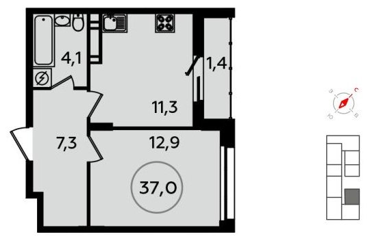 1-комнатная квартира без отделки, 37 м2, 12 этаж, дом сдан, ЖК Скандинавия, корпус 13.4 - объявление 1412597 - фото №1