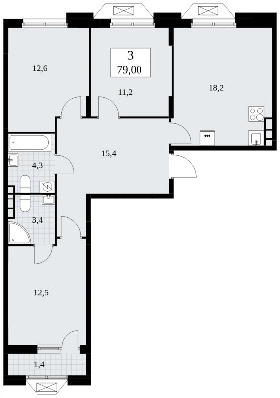 3-комнатная квартира без отделки, 79 м2, 8 этаж, сдача 4 квартал 2024 г., ЖК Бунинские кварталы, корпус 1.3 - объявление 1834737 - фото №1