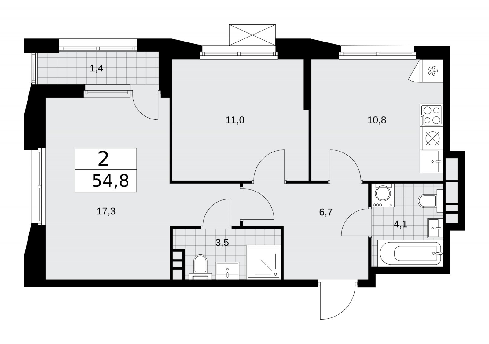 2-комнатная квартира без отделки, 54.8 м2, 5 этаж, сдача 4 квартал 2025 г., ЖК Бунинские кварталы, корпус 6.6 - объявление 2252921 - фото №1