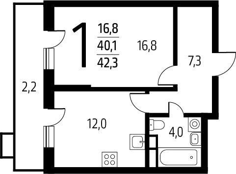 1-комнатная квартира с полной отделкой, 42.3 м2, 3 этаж, сдача 1 квартал 2025 г., ЖК Новые Ватутинки. Заречный, корпус 5/3 - объявление 2272124 - фото №1