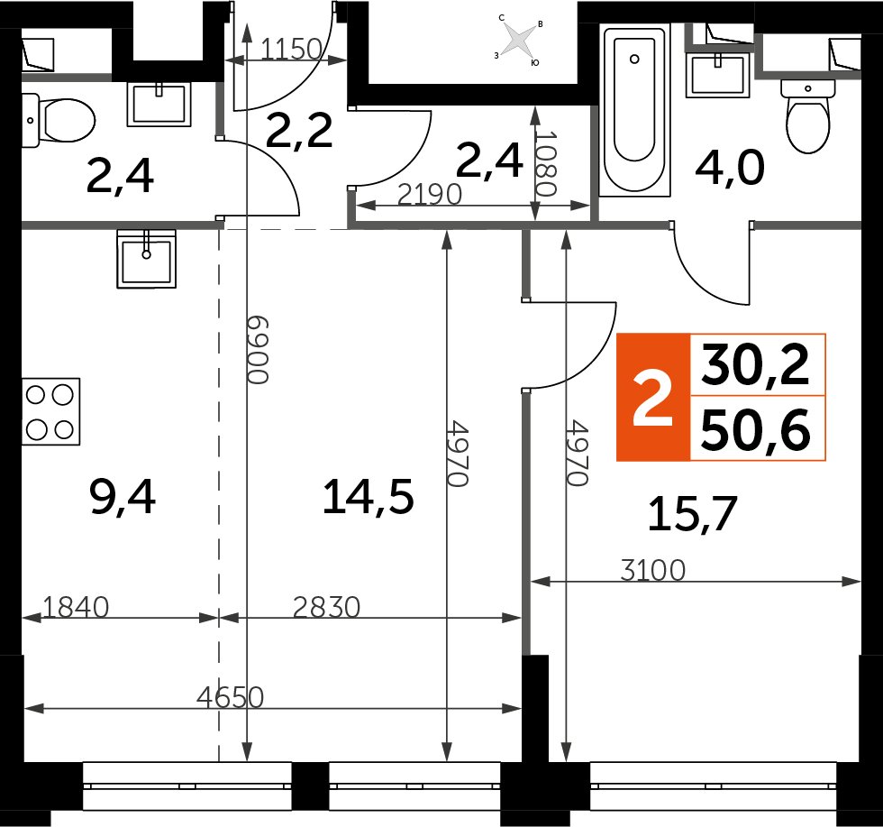 2-комнатная квартира с частичной отделкой, 50.6 м2, 23 этаж, дом сдан, ЖК Sydney City, корпус 1 - объявление 2407079 - фото №1