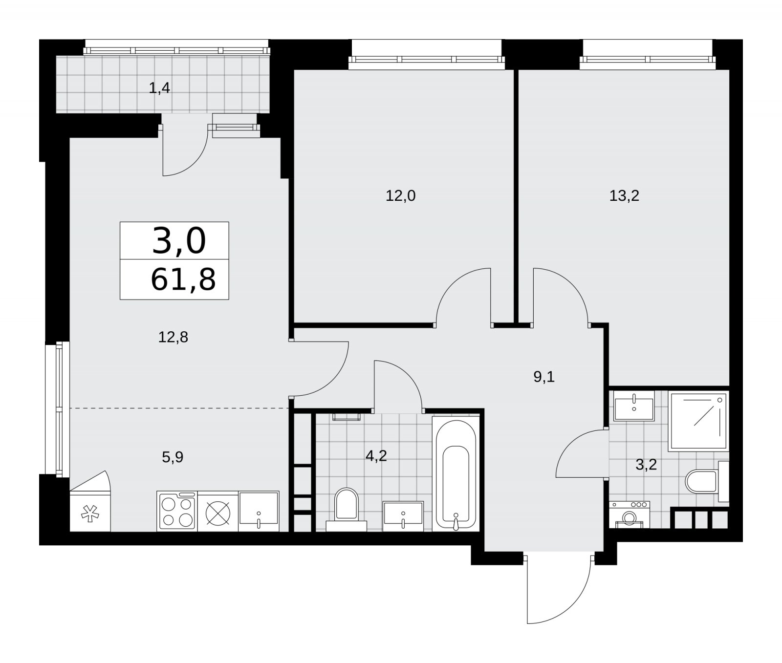 3-комнатная квартира (евро) с частичной отделкой, 61.8 м2, 7 этаж, сдача 2 квартал 2026 г., ЖК Дзен-кварталы, корпус 3.4 - объявление 2241857 - фото №1