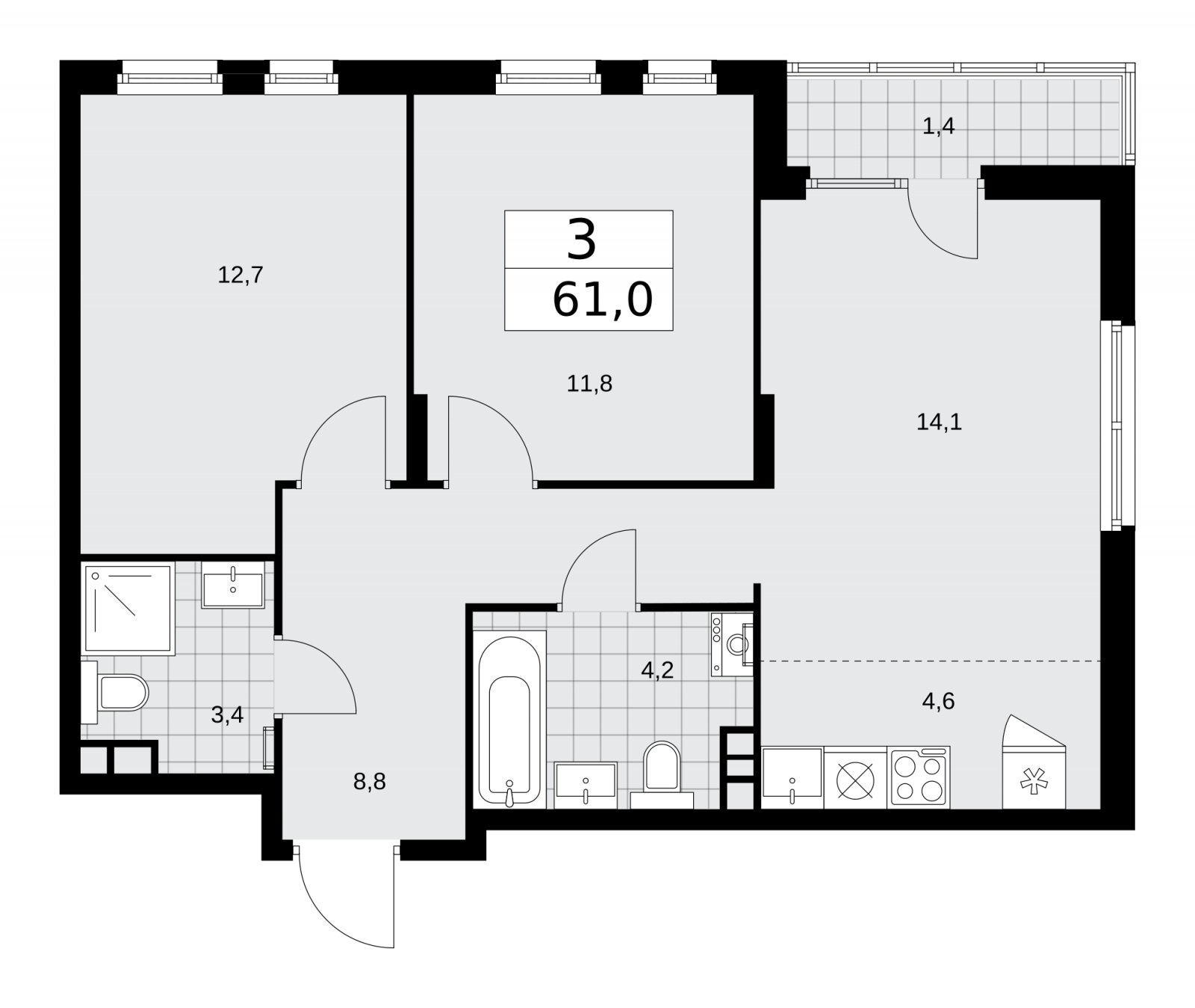 3-комнатная квартира (евро) с частичной отделкой, 61 м2, 11 этаж, сдача 2 квартал 2026 г., ЖК Деснаречье, корпус 4.5 - объявление 2264566 - фото №1