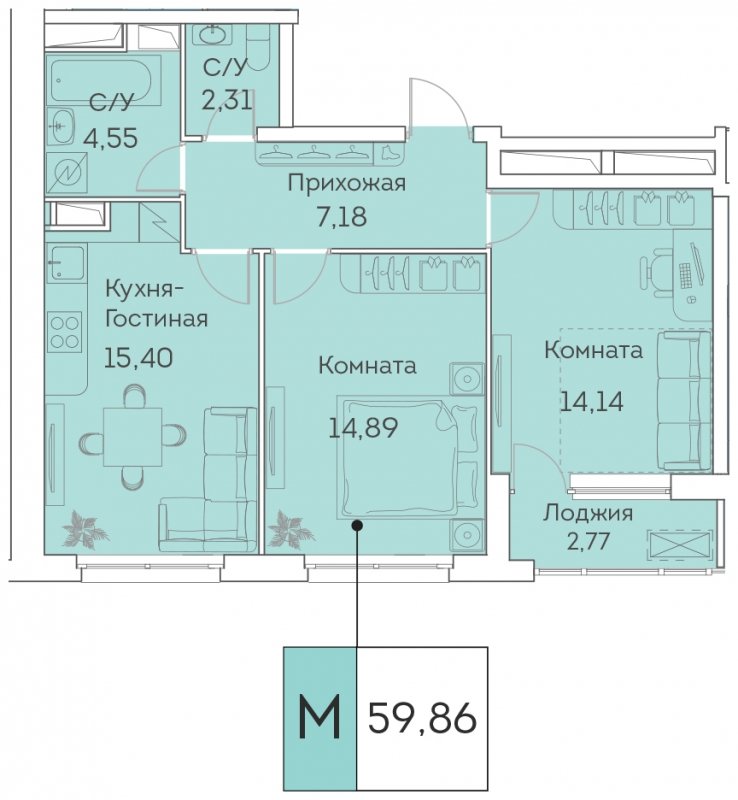 3-комнатная квартира (евро) с частичной отделкой, 59.86 м2, 25 этаж, сдача 3 квартал 2023 г., ЖК Аквилон BESIDE, корпус 1 - объявление 1643024 - фото №1