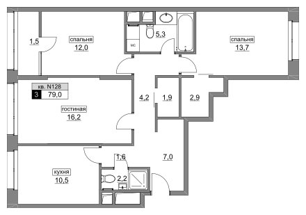 3-комнатная квартира без отделки, 80.5 м2, 12 этаж, дом сдан, ЖК Румянцево-Парк, корпус 2 - объявление 1663647 - фото №1