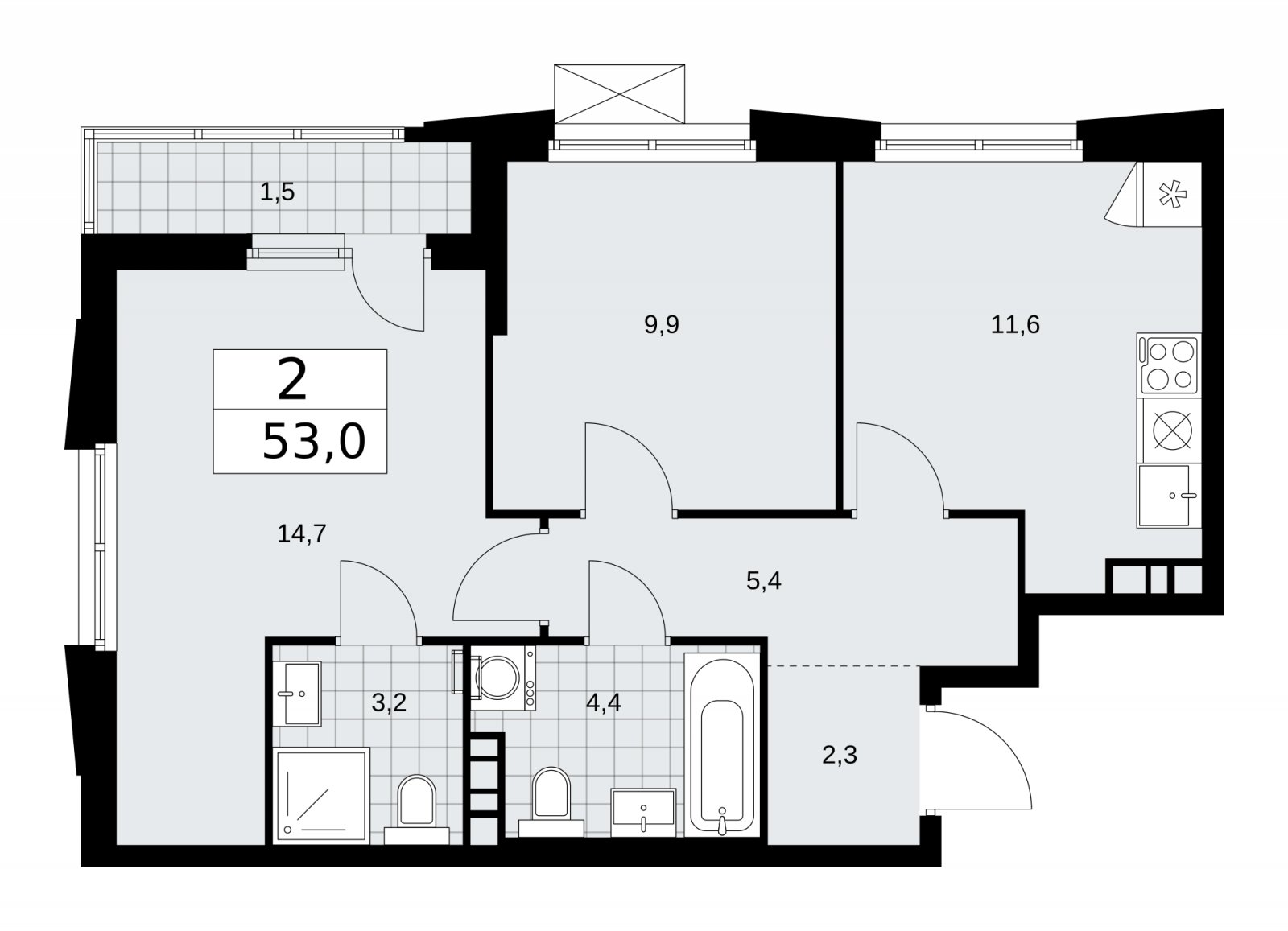 2-комнатная квартира с частичной отделкой, 53 м2, 12 этаж, сдача 1 квартал 2026 г., ЖК Прокшино, корпус 11.1.3 - объявление 2257414 - фото №1
