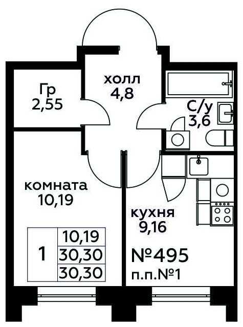 1-комнатная квартира с полной отделкой, 30.3 м2, 12 этаж, сдача 3 квартал 2024 г., ЖК МелисСад, корпус 1 - объявление 1871195 - фото №1