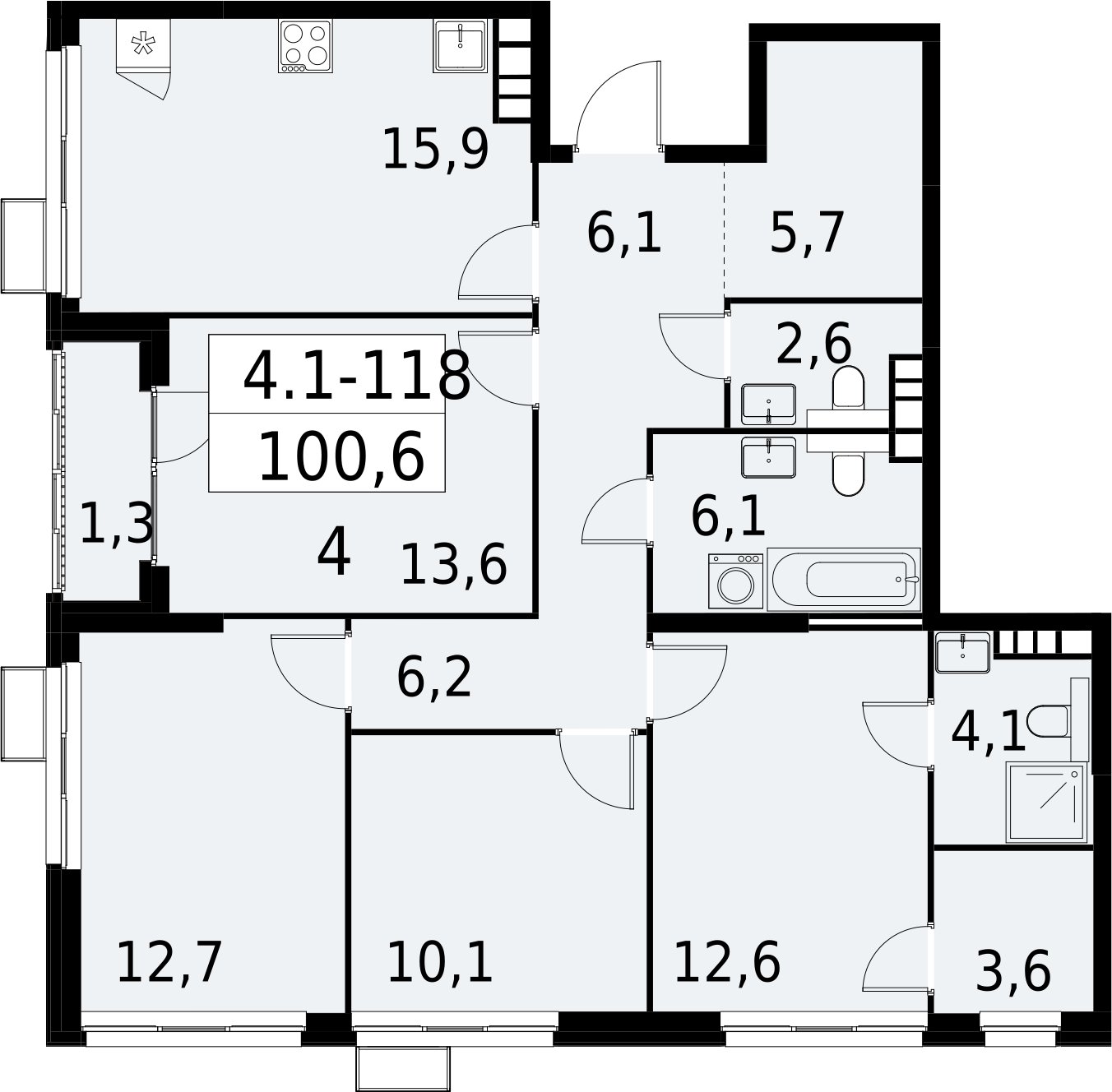 4-комнатная квартира с полной отделкой, 100.6 м2, 21 этаж, сдача 2 квартал 2027 г., ЖК Южные сады, корпус 4.1.1 - объявление 2392659 - фото №1