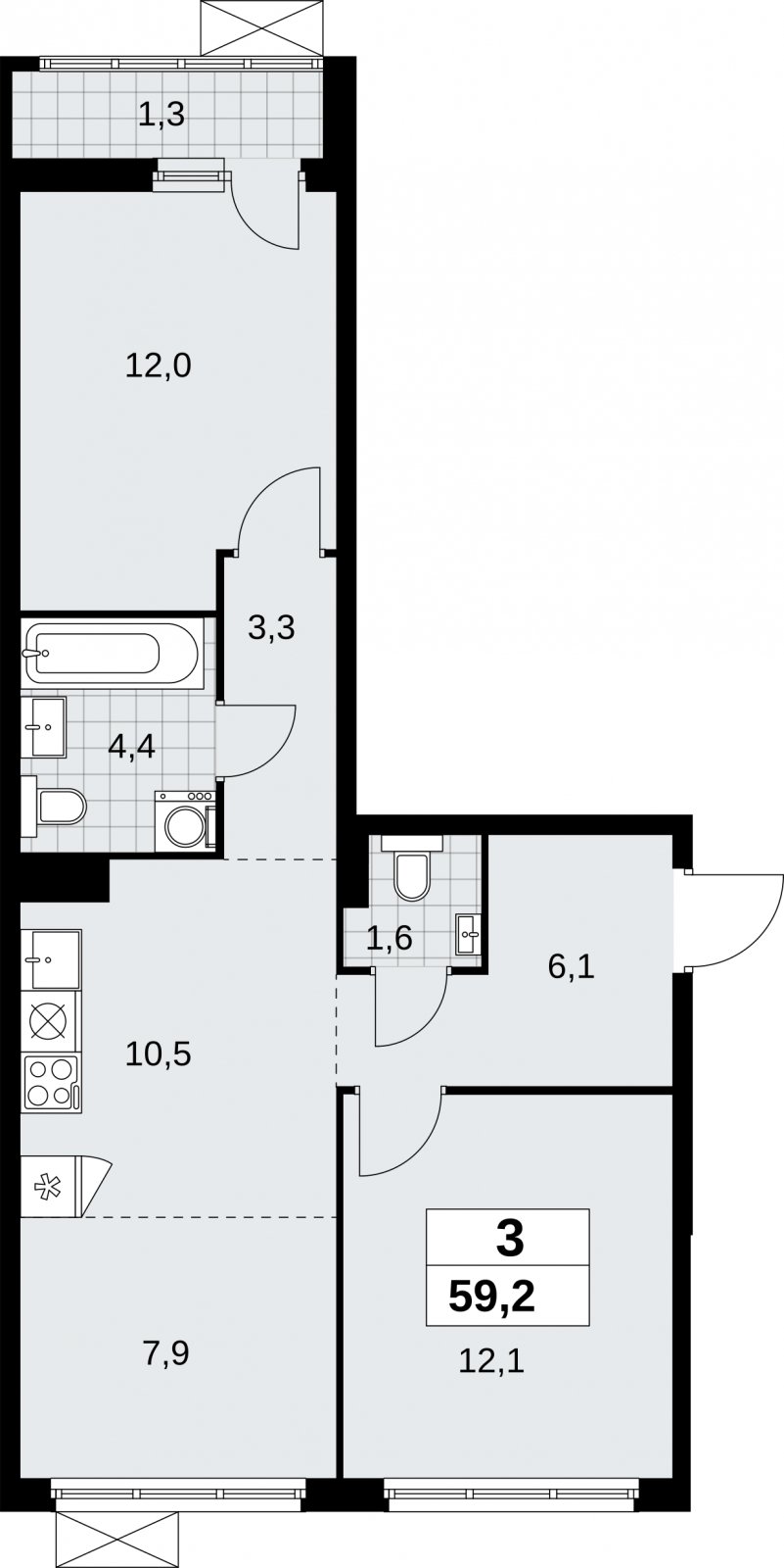 3-комнатная квартира (евро) без отделки, 59.2 м2, 3 этаж, сдача 1 квартал 2026 г., ЖК Дзен-кварталы, корпус 6.2.1 - объявление 2328521 - фото №1