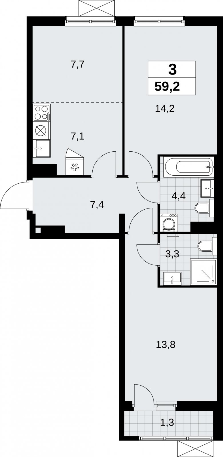 3-комнатная квартира (евро) с полной отделкой, 59.2 м2, 8 этаж, сдача 3 квартал 2026 г., ЖК Дзен-кварталы, корпус 6.1.3 - объявление 2327406 - фото №1