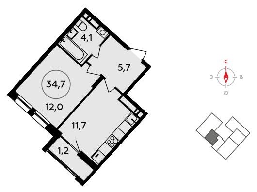 1-комнатная квартира без отделки, 34.7 м2, 14 этаж, сдача 3 квартал 2023 г., ЖК Прокшино, корпус 4.5 - объявление 1498524 - фото №1