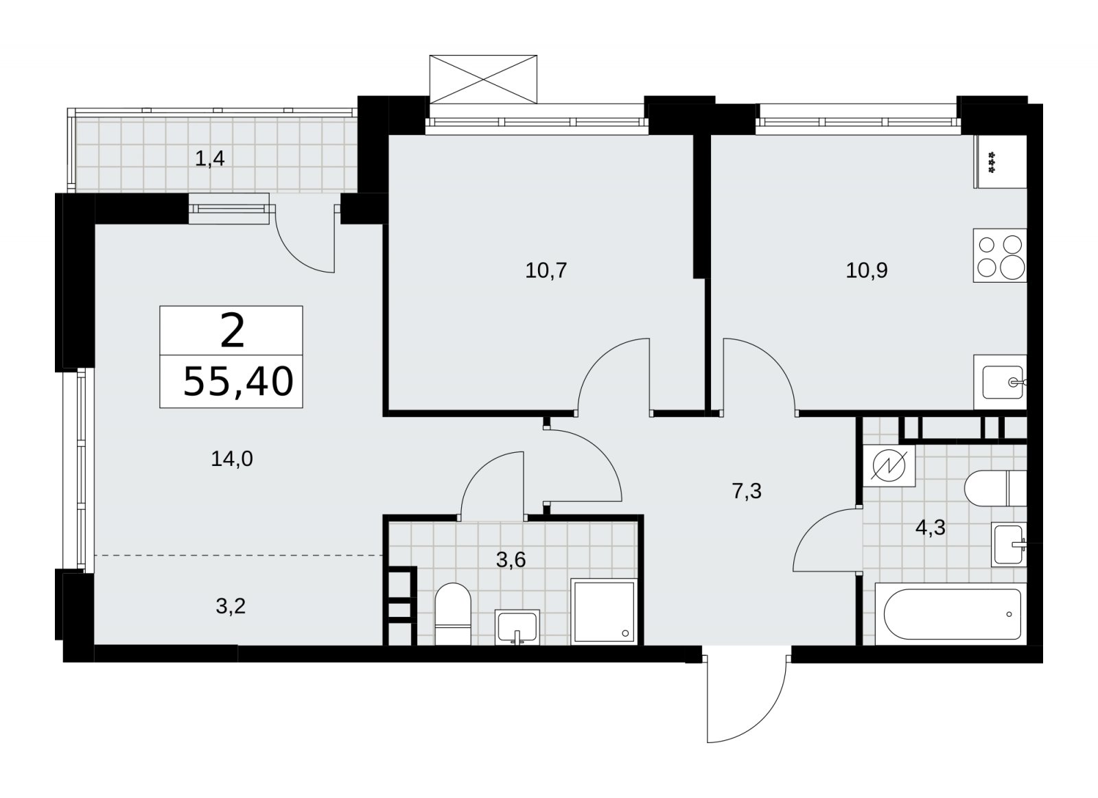 2-комнатная квартира с частичной отделкой, 55.4 м2, 7 этаж, сдача 4 квартал 2025 г., ЖК Скандинавия, корпус 28.4 - объявление 2202614 - фото №1