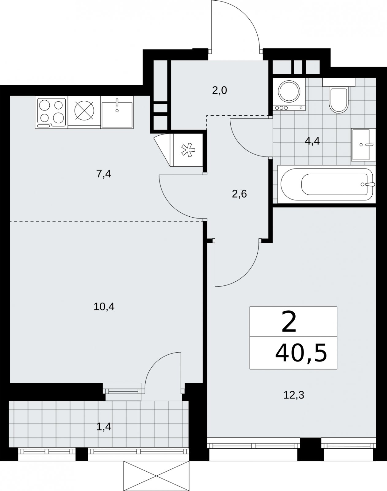 2-комнатная квартира (евро) с частичной отделкой, 40.5 м2, 9 этаж, сдача 2 квартал 2026 г., ЖК Бунинские кварталы, корпус 5.1 - объявление 2297305 - фото №1