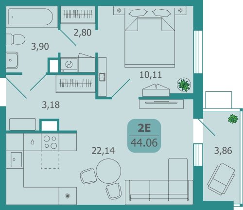 2-комнатная квартира без отделки, 44.06 м2, 3 этаж, сдача 2 квартал 2025 г., ЖК Десятка, корпус 7 - объявление 2248624 - фото №1