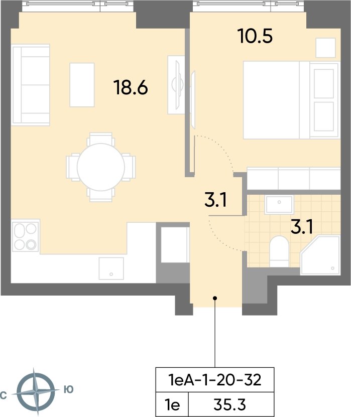 1-комнатная квартира 35.3 м2, 22 этаж, сдача 2 квартал 2026 г., ЖК WAVE, корпус 1 - объявление 2268885 - фото №1