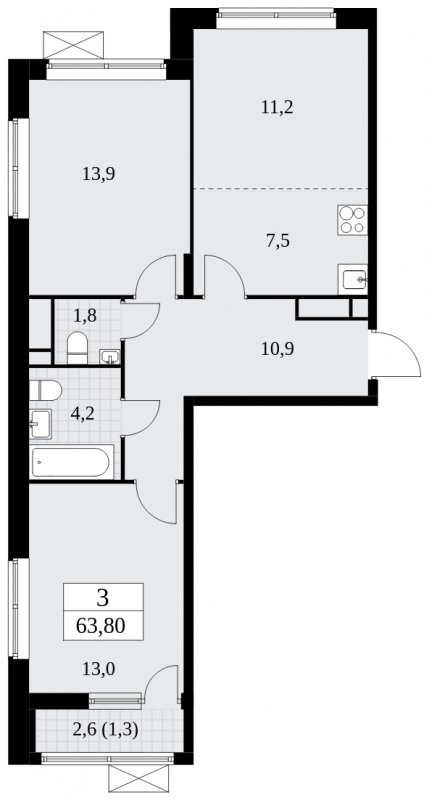 3-комнатная квартира (евро) без отделки, 63.8 м2, 15 этаж, сдача 1 квартал 2025 г., ЖК Прокшино, корпус 5.2.4 - объявление 2371972 - фото №1