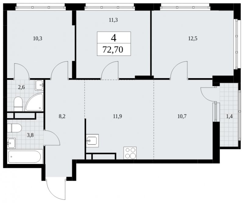 4-комнатная квартира (евро) с частичной отделкой, 72.7 м2, 15 этаж, сдача 4 квартал 2024 г., ЖК Скандинавия, корпус 36.1.1 - объявление 1801821 - фото №1
