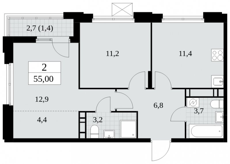 2-комнатная квартира с полной отделкой, 55 м2, 14 этаж, сдача 4 квартал 2024 г., ЖК Скандинавия, корпус 2.27.4 - объявление 1840777 - фото №1