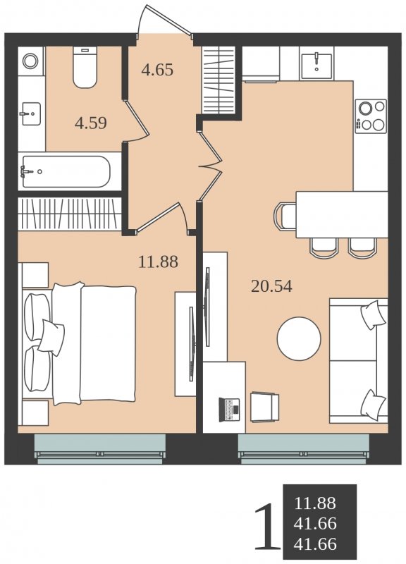 1-комнатная квартира без отделки, 41.66 м2, 1 этаж, сдача 1 квартал 2024 г., ЖК Мишино-2, корпус 8 - объявление 1761341 - фото №1