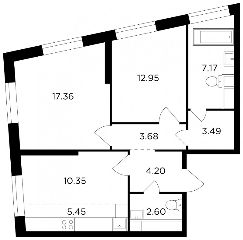3-комнатная квартира без отделки, 67.25 м2, 17 этаж, сдача 2 квартал 2022 г., ЖК КутузовGRAD 2, корпус 6 - объявление 1679212 - фото №1