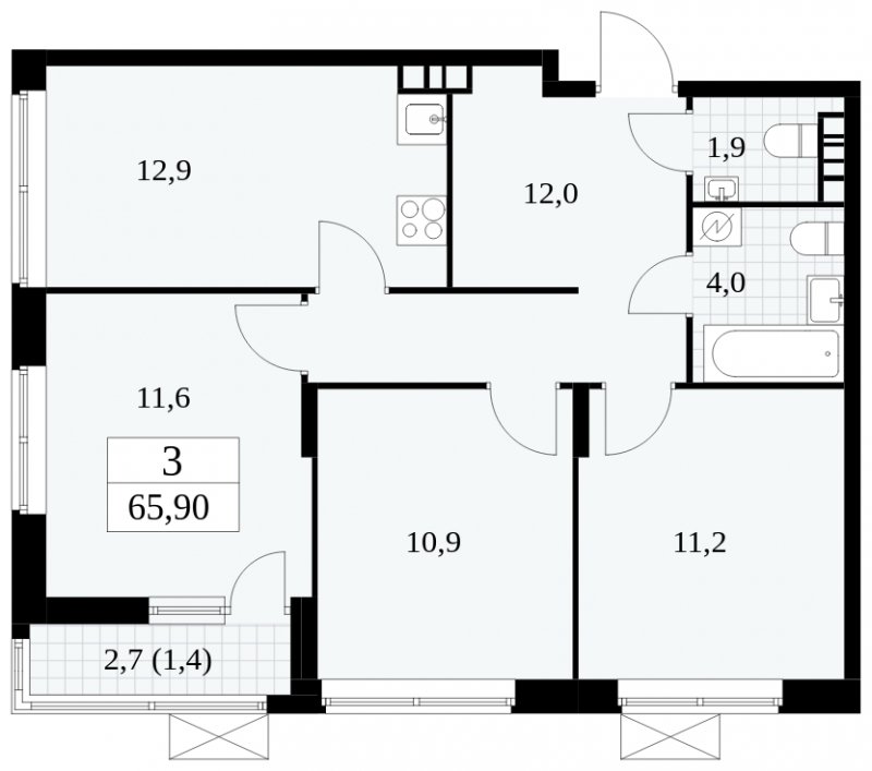 3-комнатная квартира без отделки, 65.9 м2, 11 этаж, сдача 1 квартал 2025 г., ЖК Прокшино, корпус 5.2.1 - объявление 1751033 - фото №1