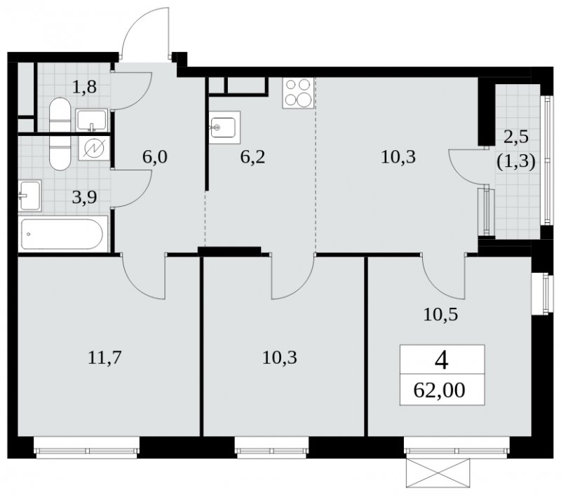 4-комнатная квартира (евро) с частичной отделкой, 62 м2, 9 этаж, сдача 2 квартал 2025 г., ЖК Прокшино, корпус 5.1.1 - объявление 1859874 - фото №1